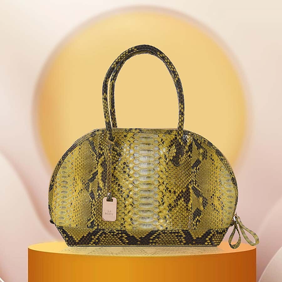 LA MAREY 100% Genuine Python Leather Snake Skin Pattern Tote Bag with Zipper Closure - Yellow