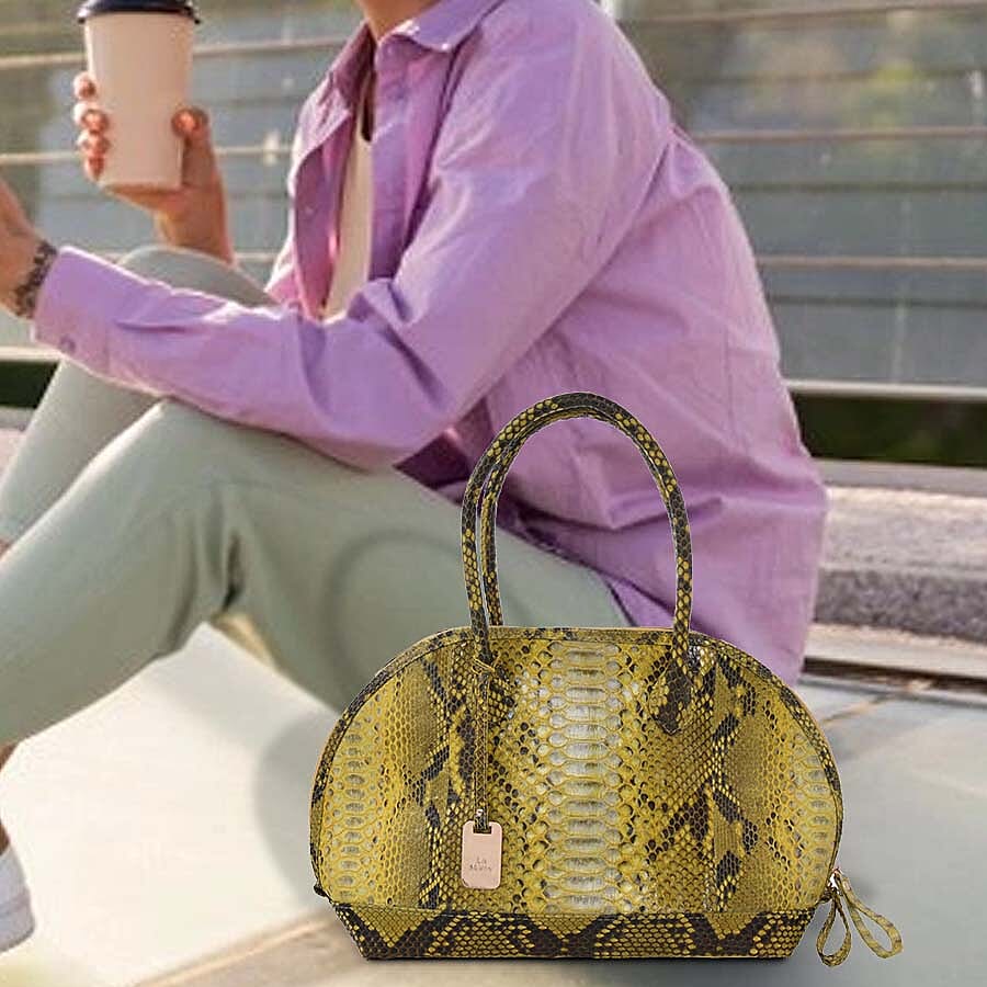 LA MAREY 100% Genuine Python Leather Snake Skin Pattern Tote Bag with Zipper Closure - Yellow