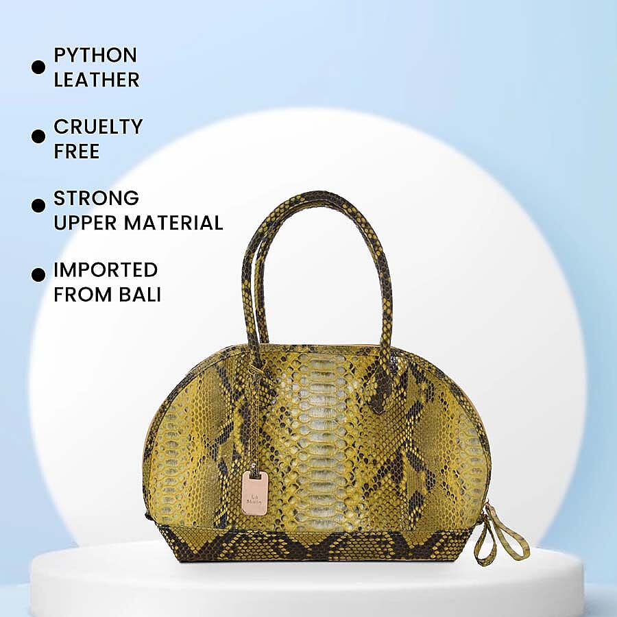 LA MAREY 100% Genuine Python Leather Snake Skin Pattern Tote Bag with Zipper Closure - Yellow