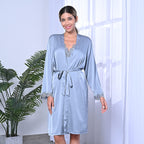 2 Piece Set - LA MAREY Solid Robe and Chemise with Adjustable Shoulder Strap (Size M-L,12-16) - Grey
