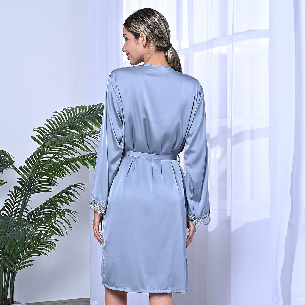 2 Piece Set - LA MAREY Solid Robe and Chemise with Adjustable Shoulder Strap (Size M-L,12-16) - Grey