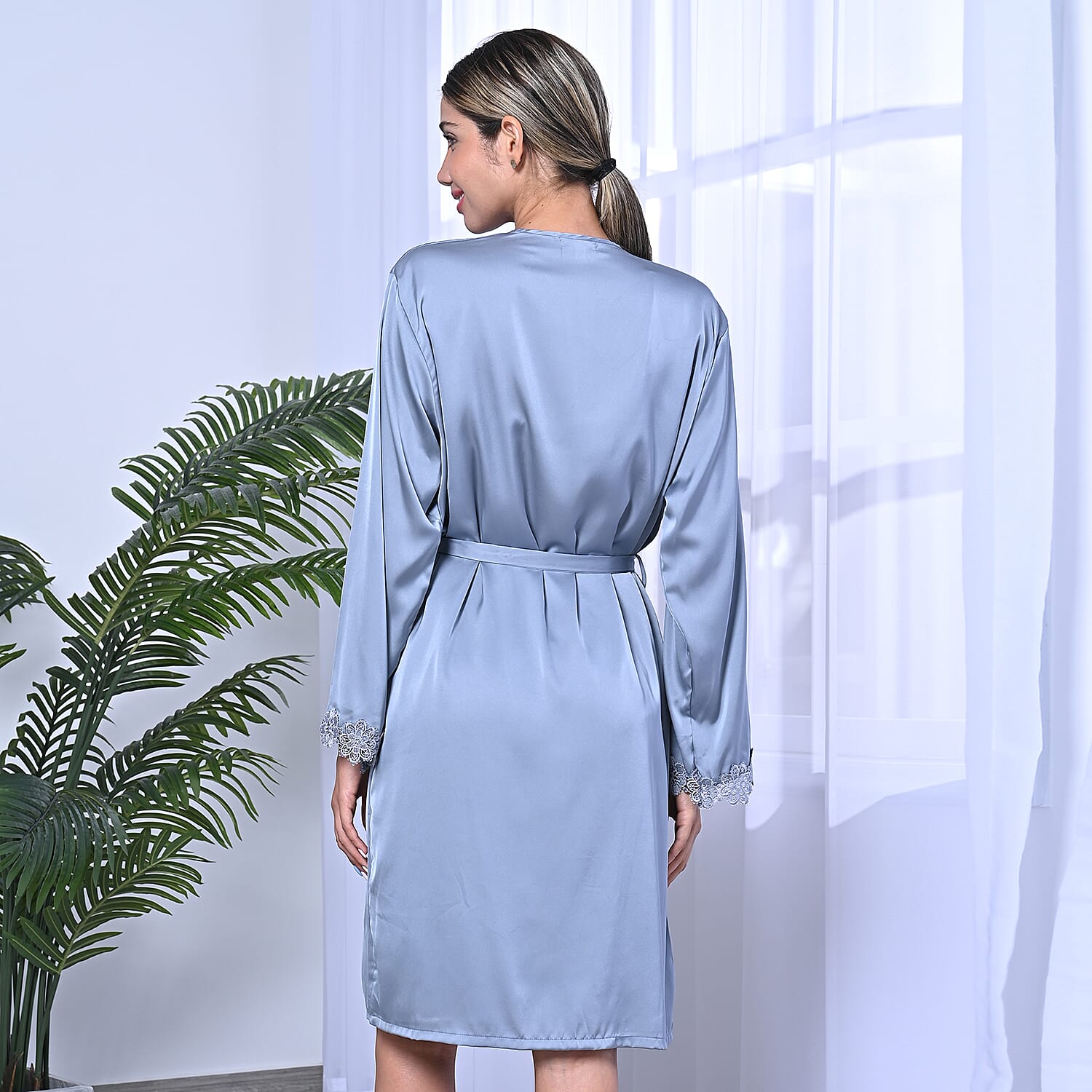 2 Piece Set - LA MAREY Solid Robe and Chemise with Adjustable Shoulder Strap (Size M-L,12-16) - Grey
