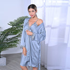 2 Piece Set - LA MAREY Solid Robe and Chemise with Adjustable Shoulder Strap (Size M-L,12-16) - Grey