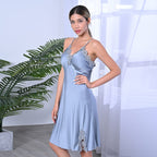 2 Piece Set - LA MAREY Solid Robe and Chemise with Adjustable Shoulder Strap (Size M-L,12-16) - Grey