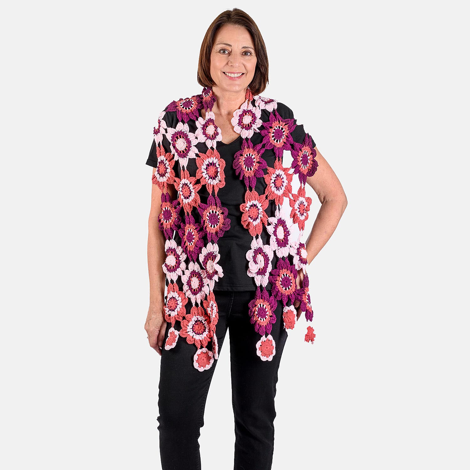 Limited Collection La Marey 100% Cotton Hand Crochet Red - Multi Colour Floral Scarf (Size 144x27x7cm)