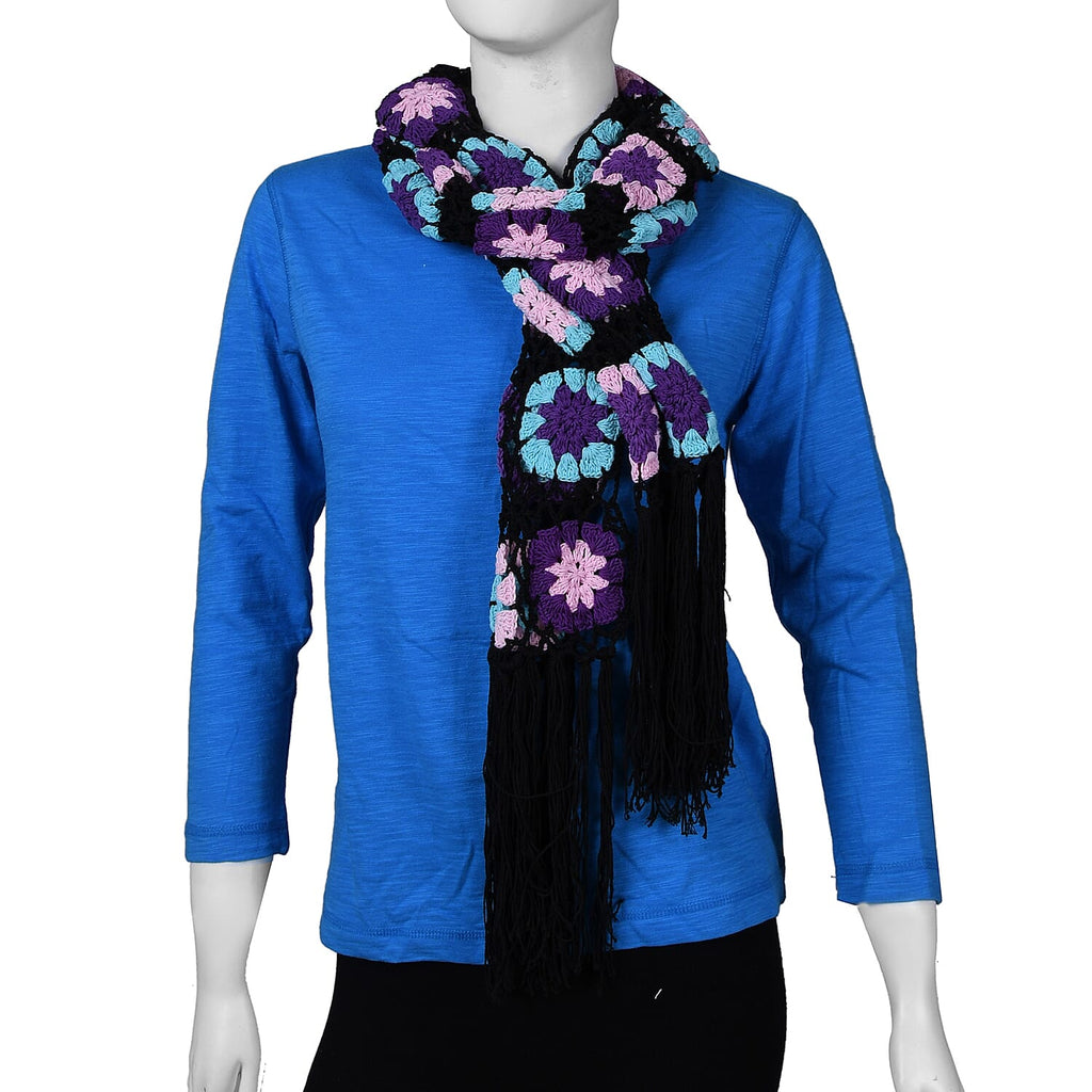 Limited Collection La Marey 100% Cotton Hand Crochet Sky Blue, Black and Multi Colour Floral Scarf (Size160x86x18 cm)