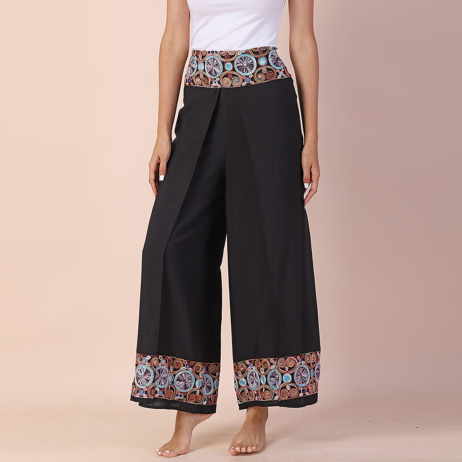 LA MAREY 100% Viscose Embroidery Women Trousers (Size 8-14) - Black