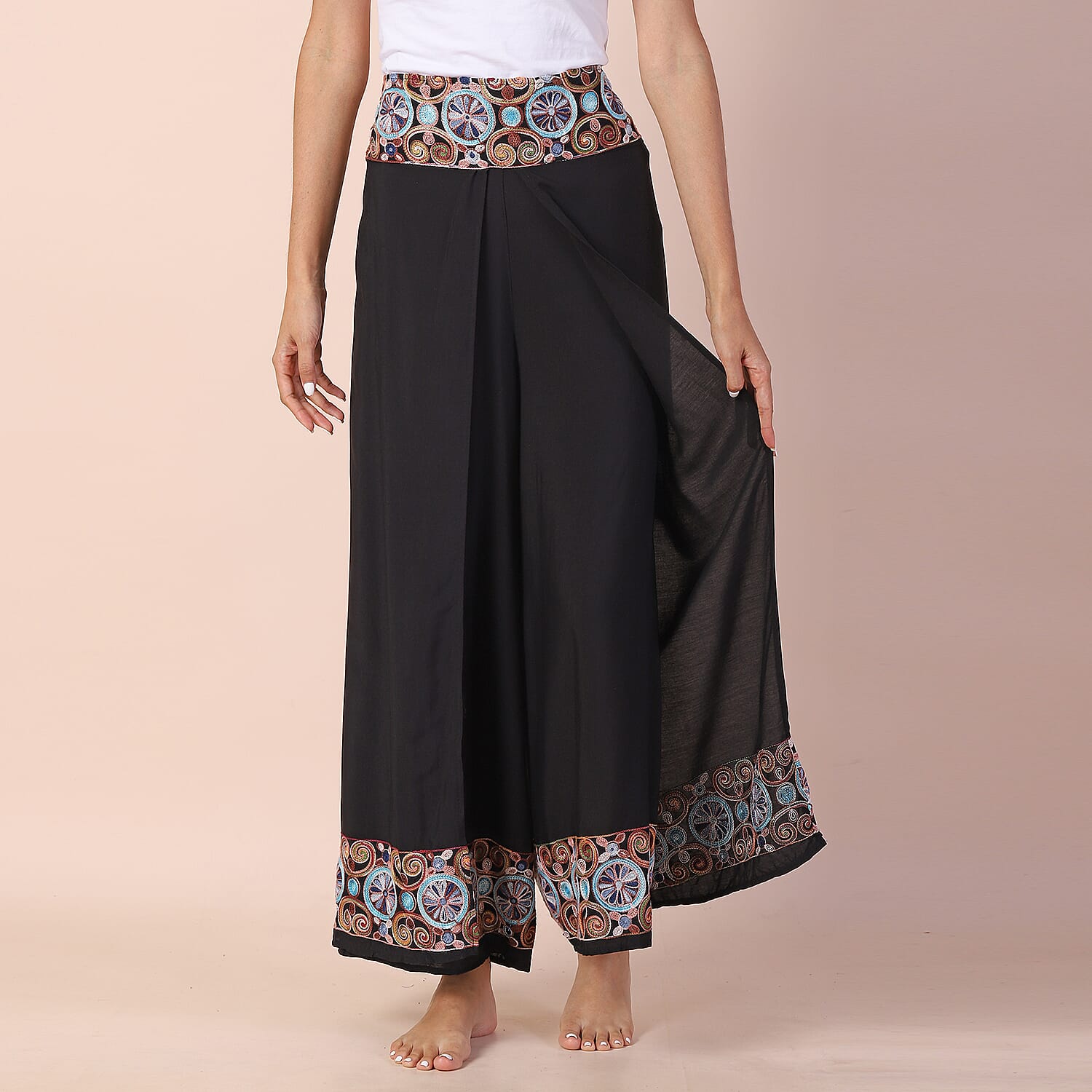 LA MAREY 100% Viscose Embroidery Women Trousers (Size 8-14) - Black