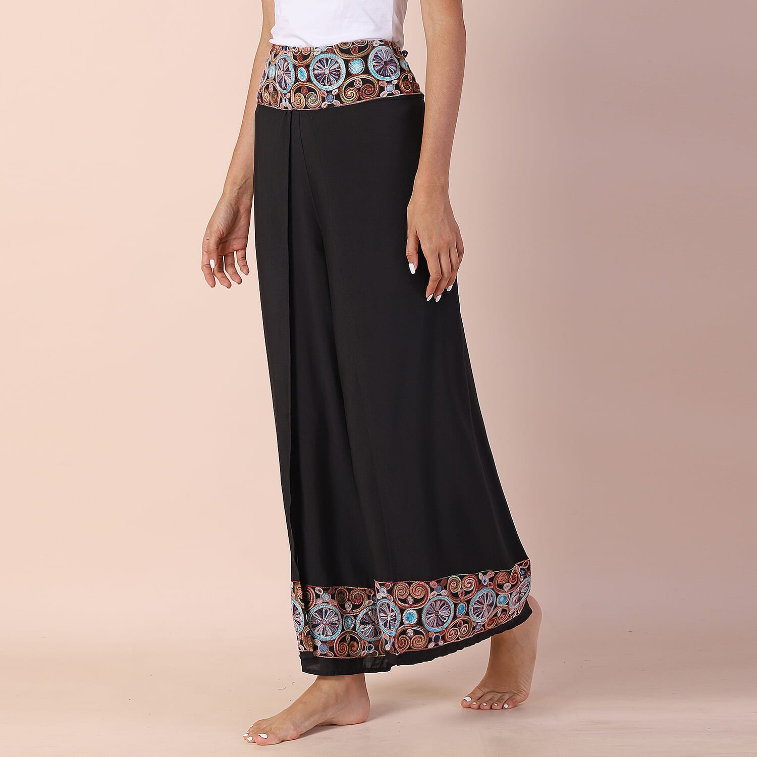 LA MAREY 100% Viscose Embroidery Women Trousers (Size 8-14) - Black