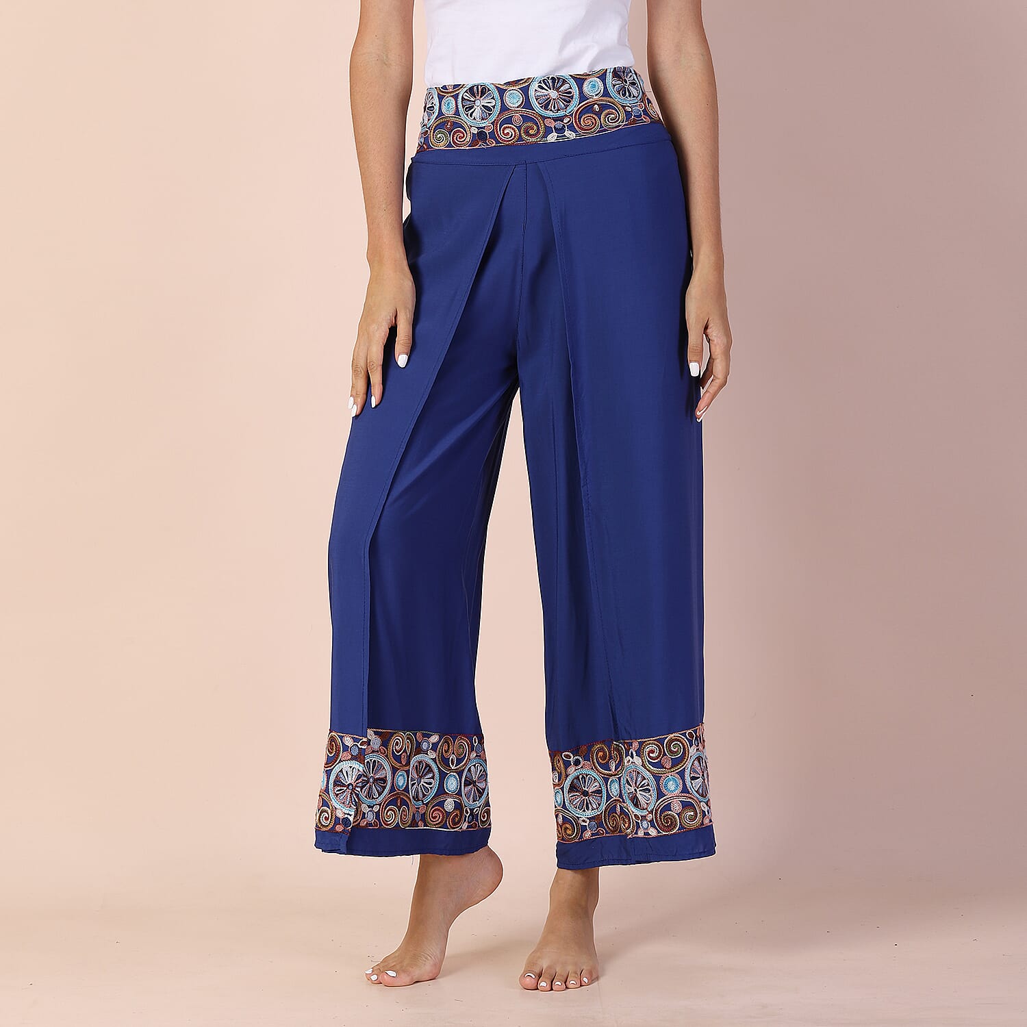 LA MAREY 100% Viscose Embroidery Women Trousers (Size 8-14) - Blue