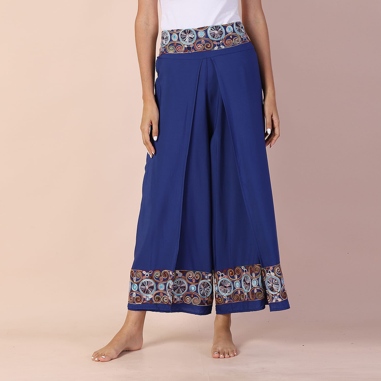 LA MAREY 100% Viscose Embroidery Women Trousers (Size 8-14) - Blue