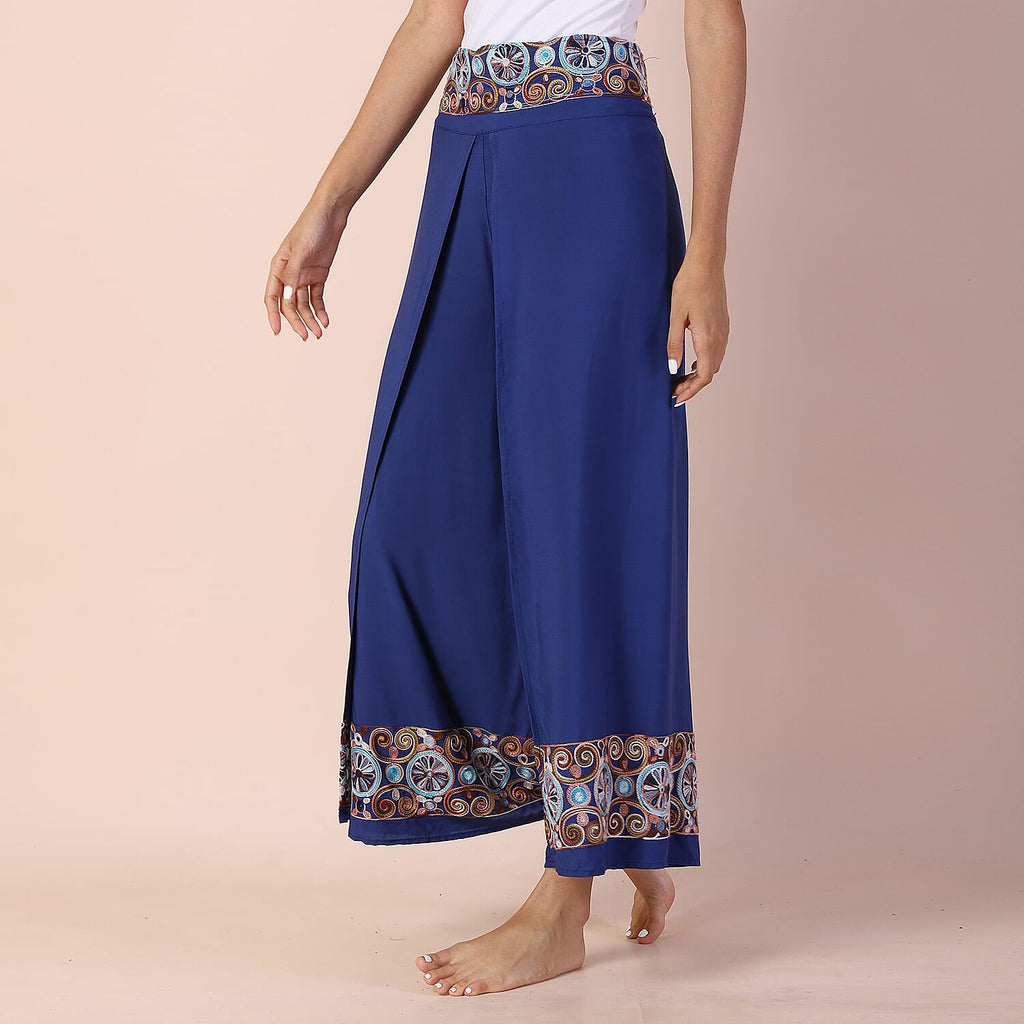 LA MAREY 100% Viscose Embroidery Women Trousers (Size 8-14) - Blue