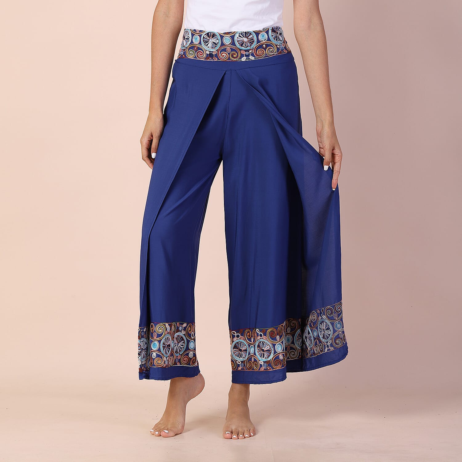LA MAREY 100% Viscose Embroidery Women Trousers (Size 8-14) - Blue