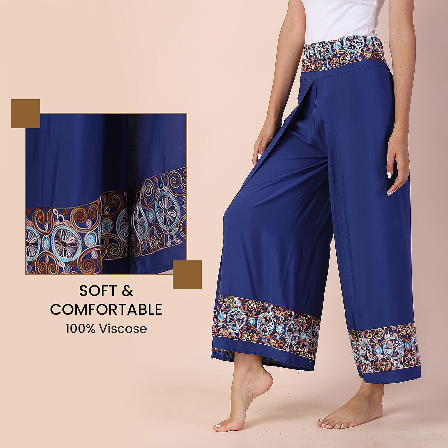 LA MAREY 100% Viscose Embroidery Women Trousers (Size 8-14) - Blue