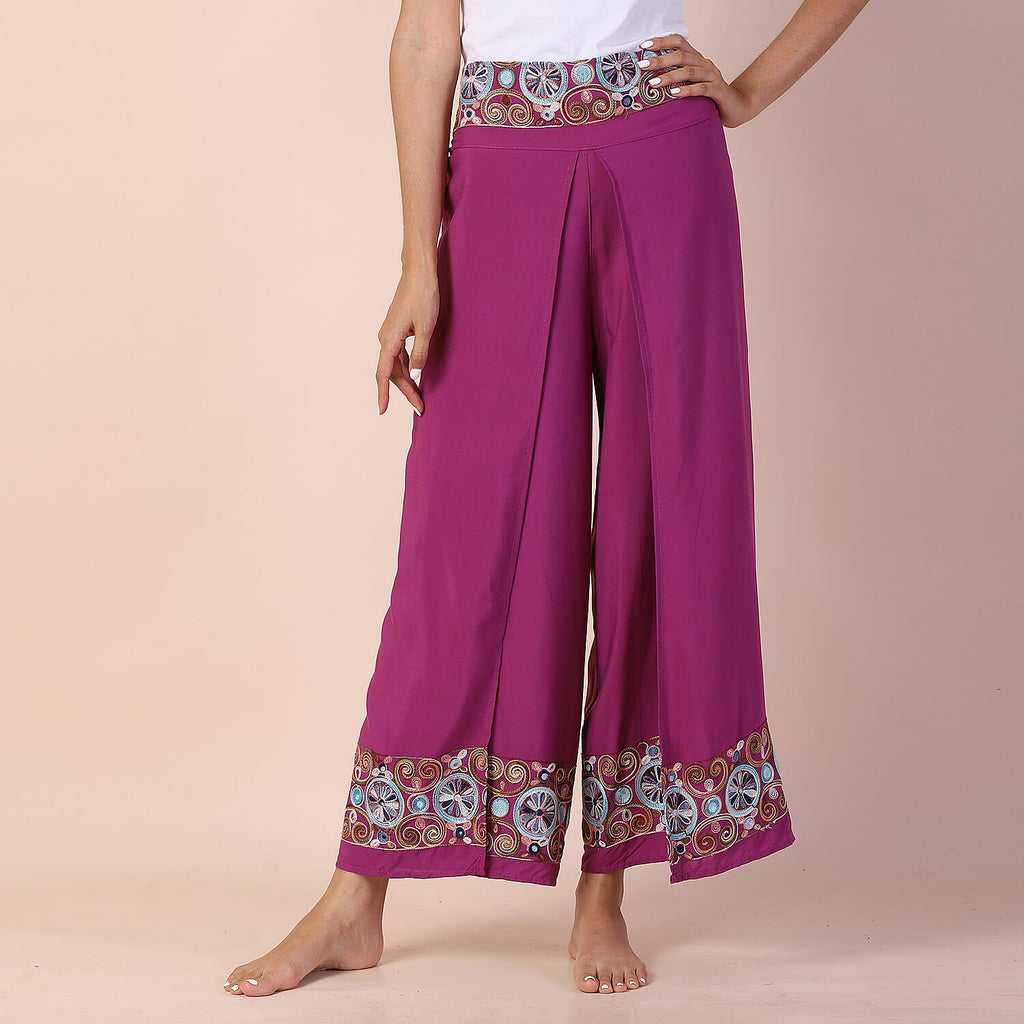LA MAREY 100% Viscose Embroidery Women Trousers (Size 8-14) - Purple