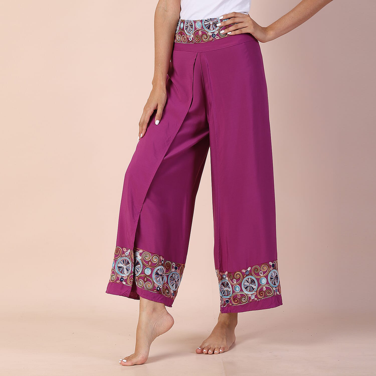 LA MAREY 100% Viscose Embroidery Women Trousers (Size 8-14) - Purple