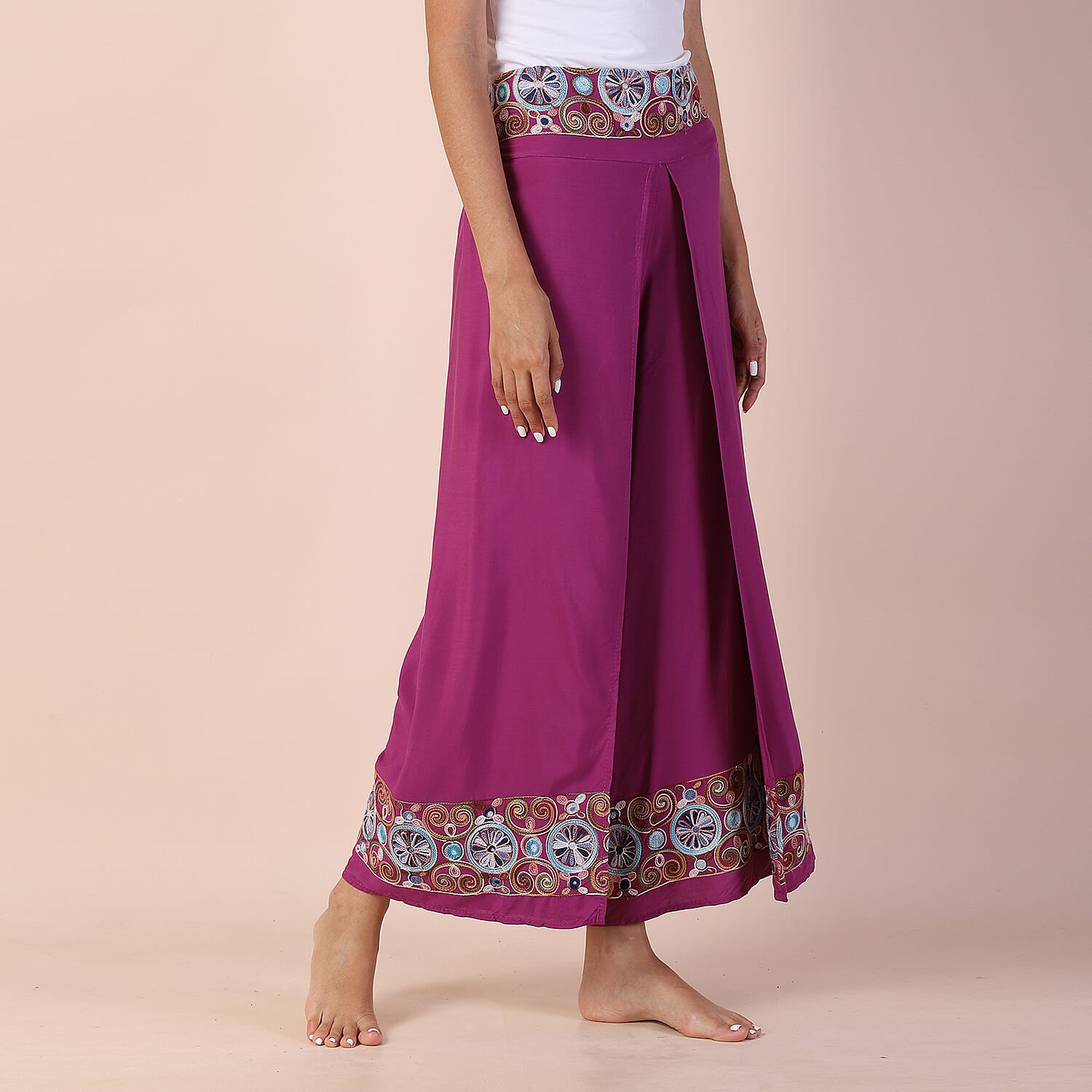 LA MAREY 100% Viscose Embroidery Women Trousers (Size 8-14) - Purple