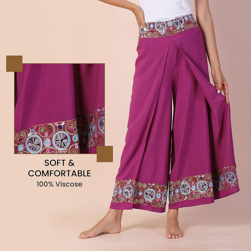 LA MAREY 100% Viscose Embroidery Women Trousers (Size 8-14) - Purple