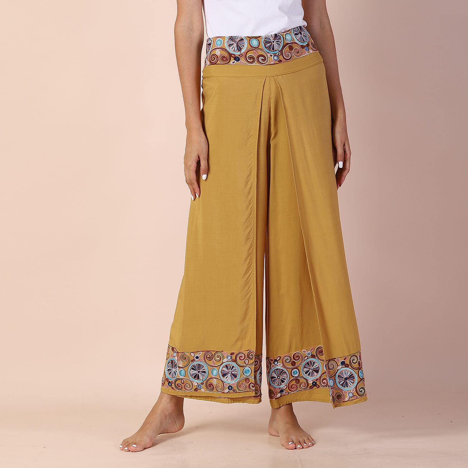 LA MAREY 100% Viscose Embroidery Women Trousers (Size 8-14) - Mustard