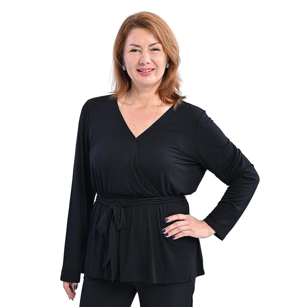 LA MAREY V Neck Viscoce Blouse with Belt (Size M, 12-14) - Black