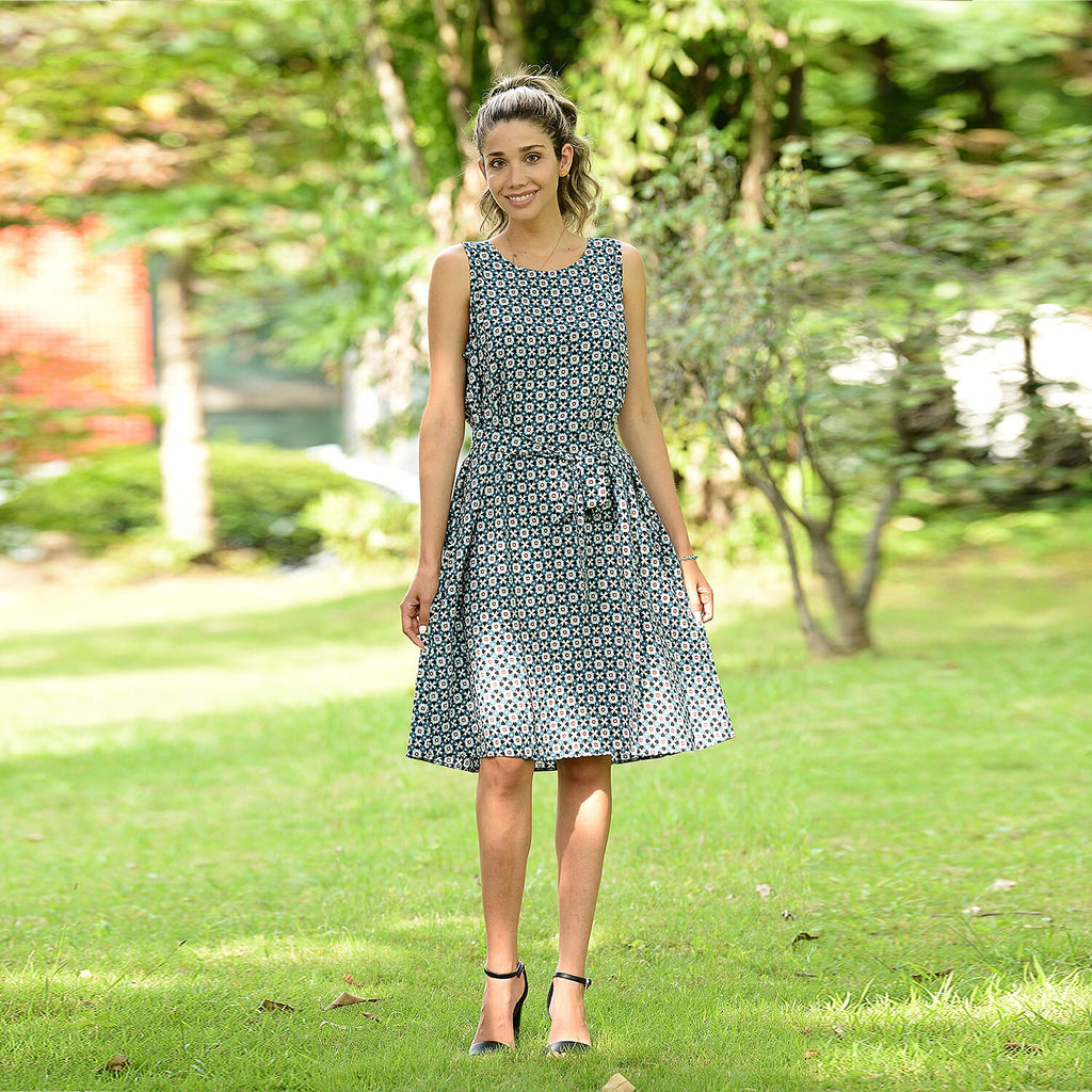 LA MAREY Viscose Striking Geometric Pattern Sleeveless Dress (Size S / 8-10) - Teal Green & Multi