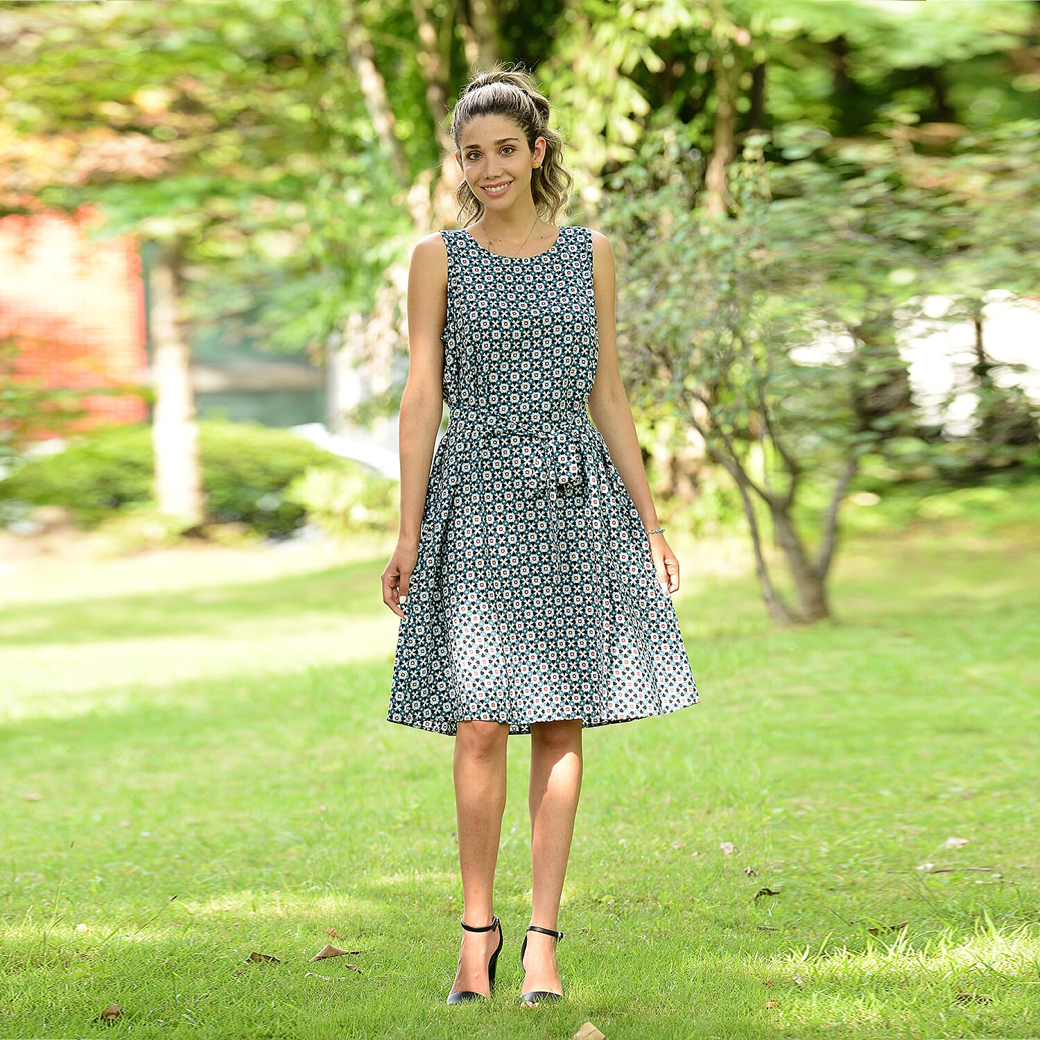 LA MAREY Viscose Striking Geometric Pattern Sleeveless Dress (Size S / 8-10) - Teal Green & Multi