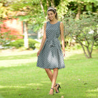 LA MAREY Viscose Striking Geometric Pattern Sleeveless Dress (Size S / 8-10) - Teal Green & Multi