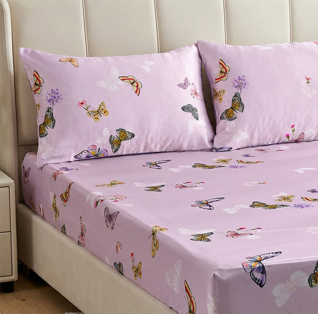 LA Marey Signature Set of 3 100% Mulberry Silk Fitted Sheets & 2 MOP Button Pillowcases (200 x 150 cm) - Pink