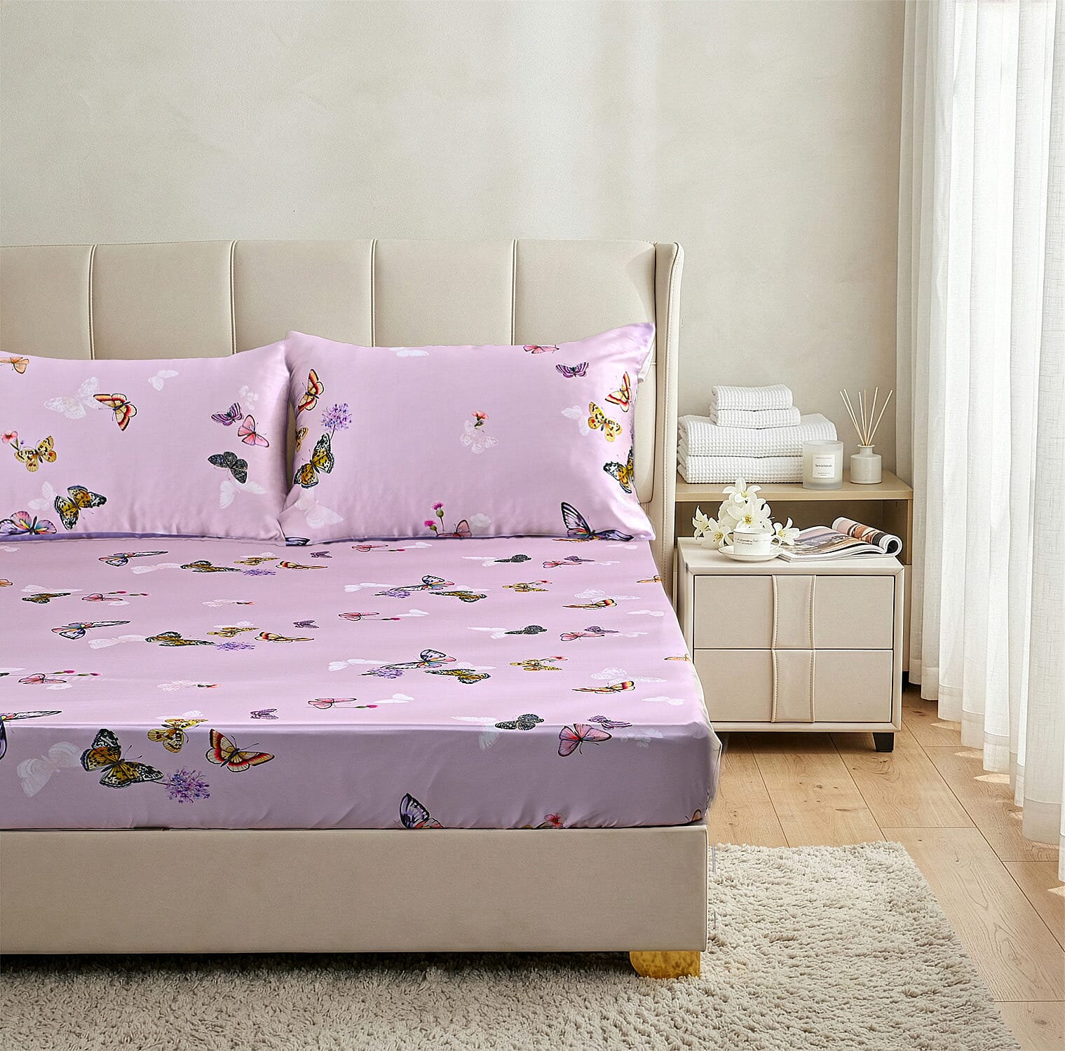LA Marey Signature Set of 3 100% Mulberry Silk Fitted Sheets & 2 MOP Button Pillowcases (200 x 150 cm) - Pink