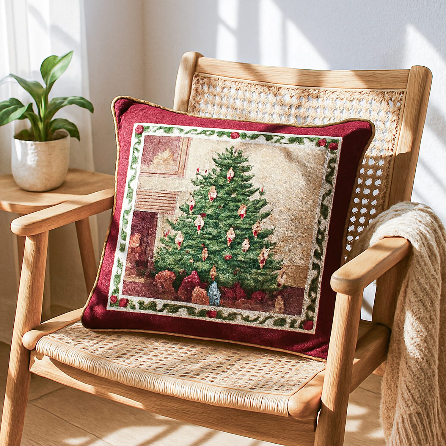 LED Tapestry Cushion Christmas Tree - Beige, Wine Red and Green