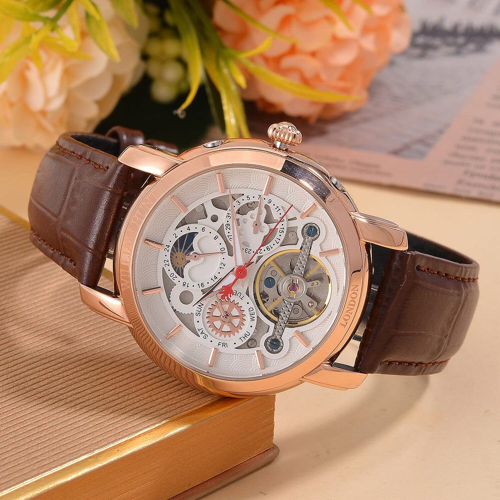 LIMITED EDITION William Hunt London Automatic Movement 5 ATM WR Moon Phase Watch With Brown Leather Strap