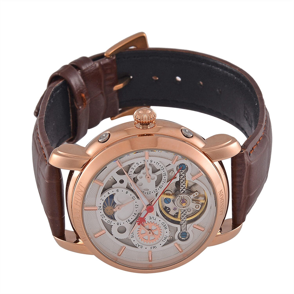 LIMITED EDITION William Hunt London Automatic Movement 5 ATM WR Moon Phase Watch With Brown Leather Strap