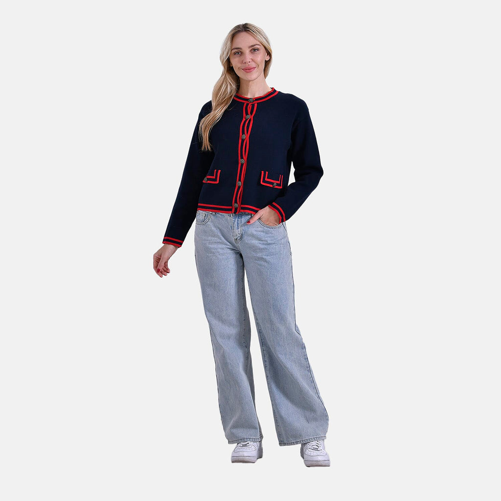 La Marey 100% Cotton Knitted Jacket (Size 8 to 10) - Navy & Red