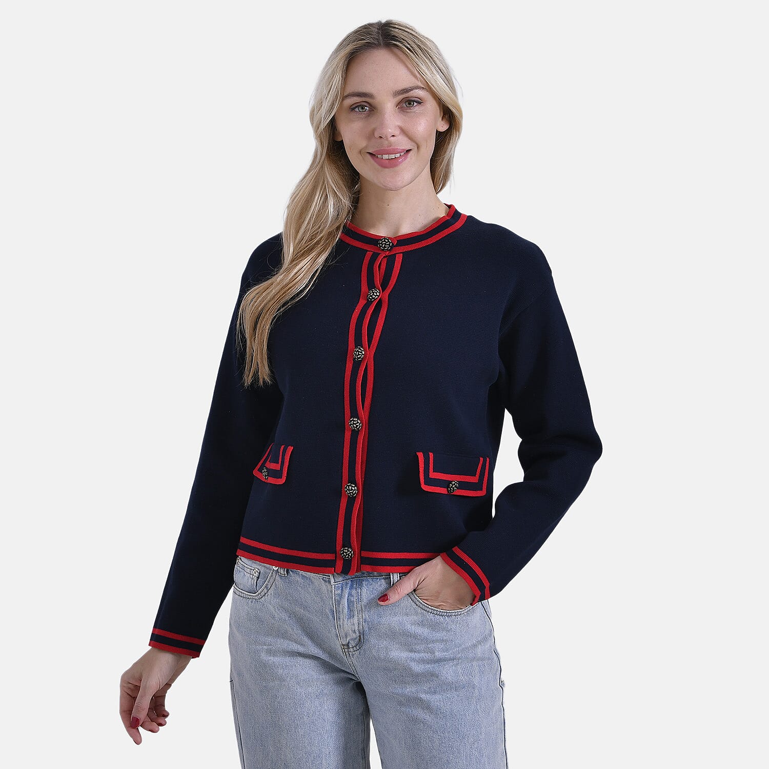 La Marey 100% Cotton Knitted Jacket (Size 8 to 10) - Navy & Red