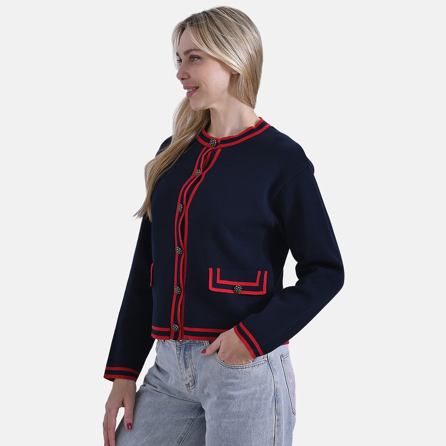 La Marey 100% Cotton Knitted Jacket (Size 8 to 10) - Navy & Red