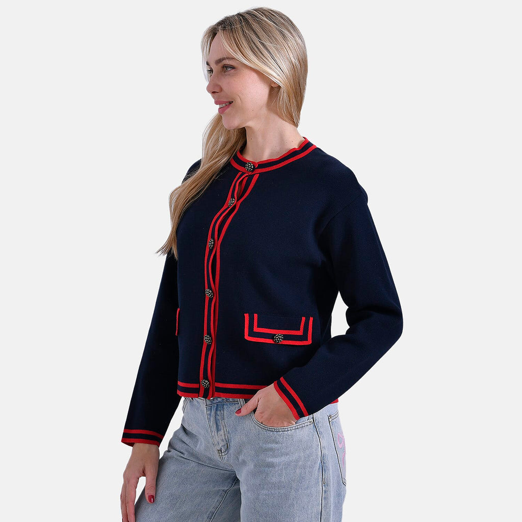 La Marey 100% Cotton Knitted Jacket (Size XXL) - Navy - Red