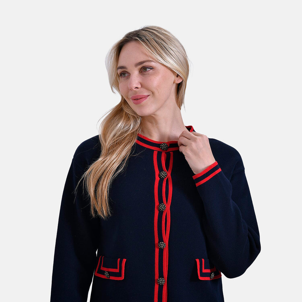 La Marey 100% Cotton Knitted Jacket (Size XXL) - Navy - Red