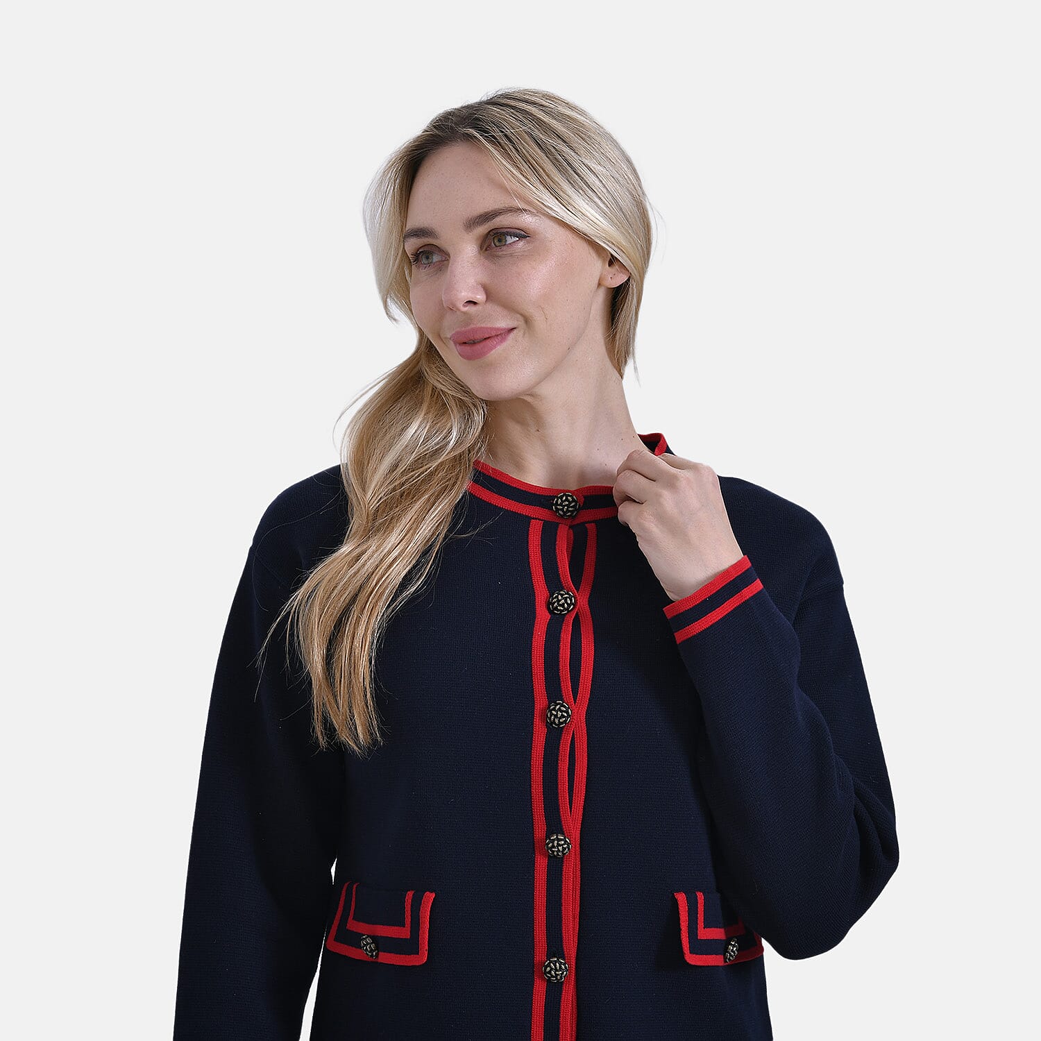 La Marey 100% Cotton Knitted Jacket (Size XXL) - Navy - Red