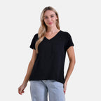 La Marey 100% Cotton Short Sleeve V-Neck Casual Top (Size S) - Black