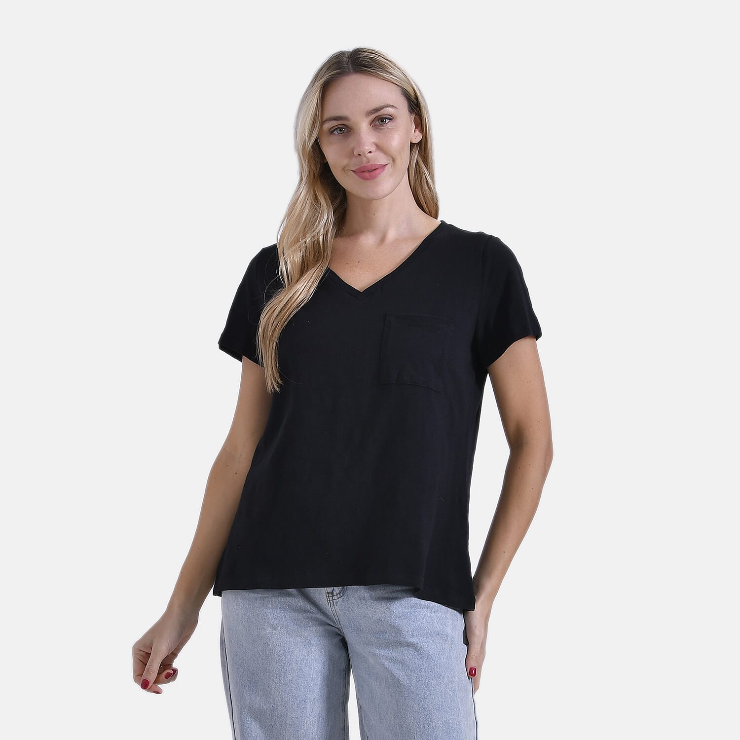 La Marey 100% Cotton Short Sleeve V-Neck Casual Top (Size S) - Black