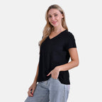 La Marey 100% Cotton Short Sleeve V-Neck Casual Top (Size S) - Black