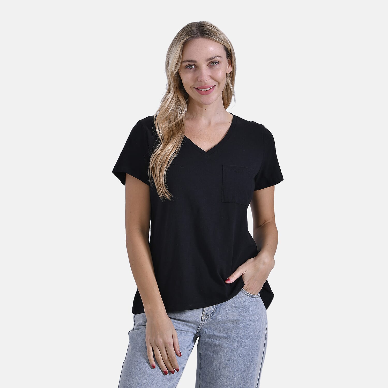 La Marey 100% Cotton Short Sleeve V-Neck Casual Top (Size S) - Black