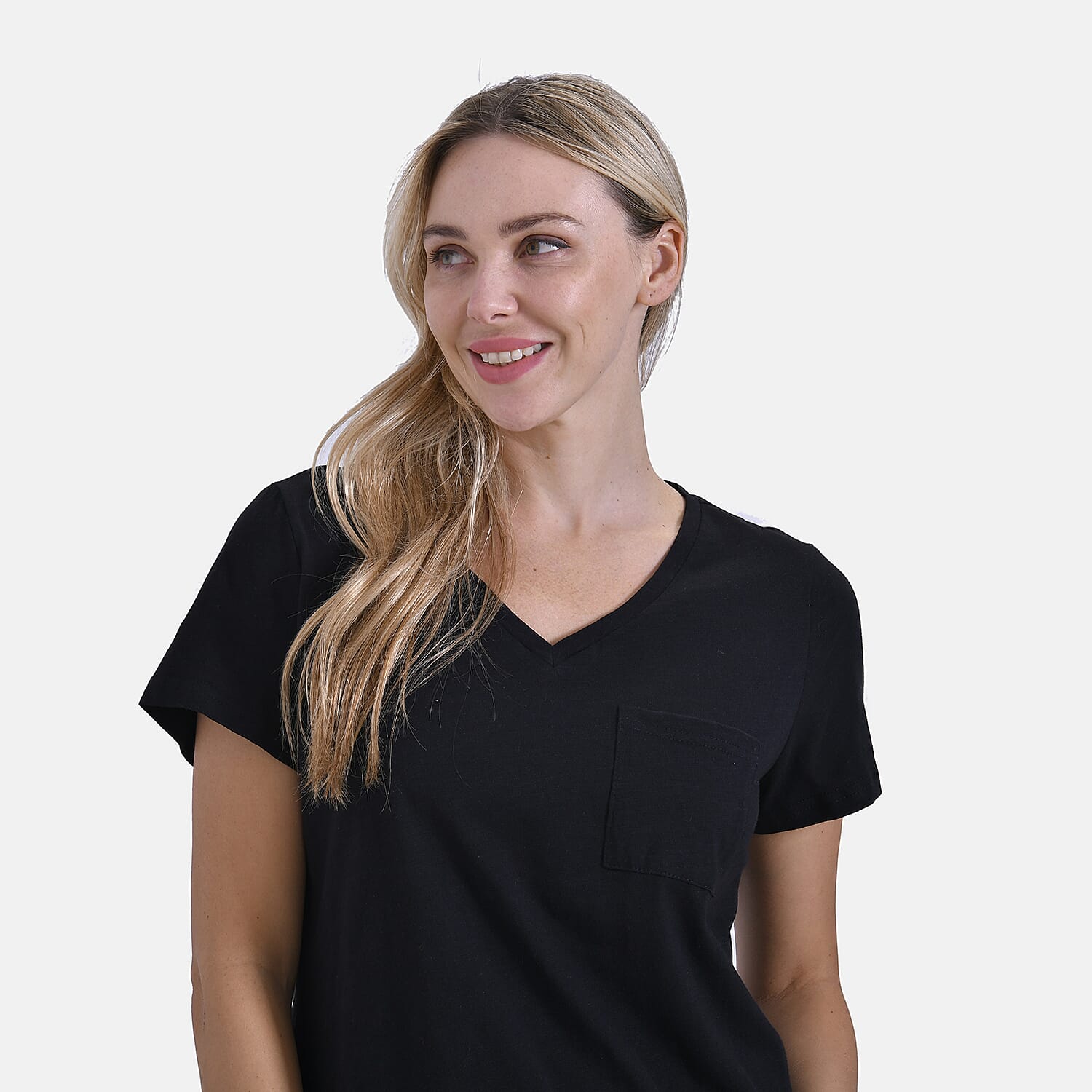 La Marey 100% Cotton Short Sleeve V-Neck Casual Top (Size S) - Black