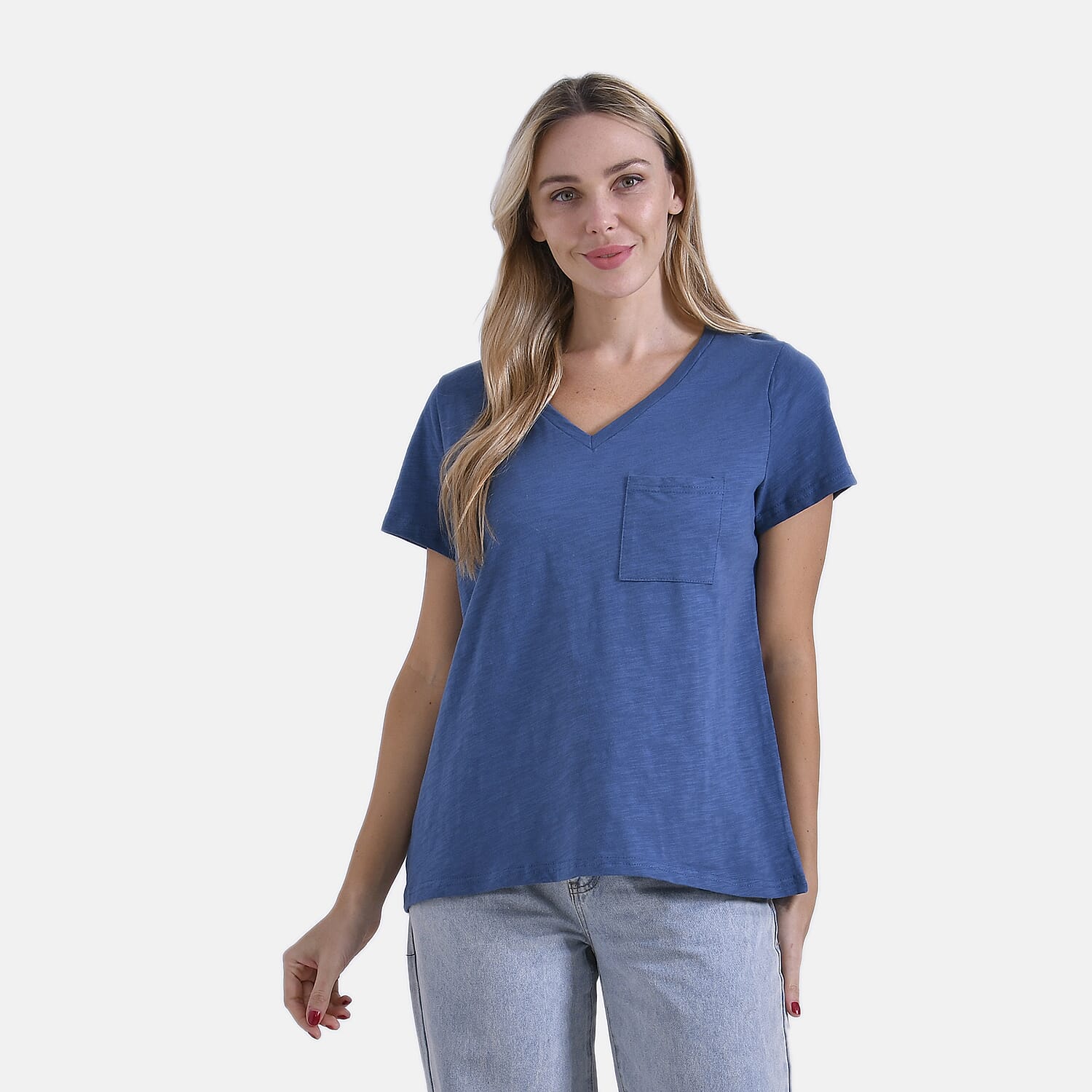 La Marey 100% Cotton Short Sleeve V-Neck Casual Top (Size S) - Navy