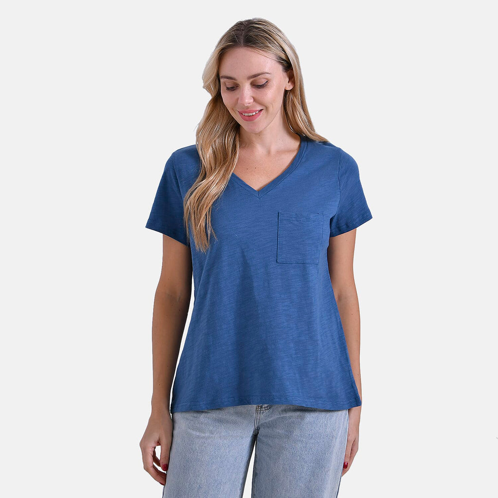 La Marey 100% Cotton Short Sleeve V-Neck Casual Top (Size S) - Navy