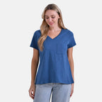 La Marey 100% Cotton Short Sleeve V-Neck Casual Top (Size S) - Navy