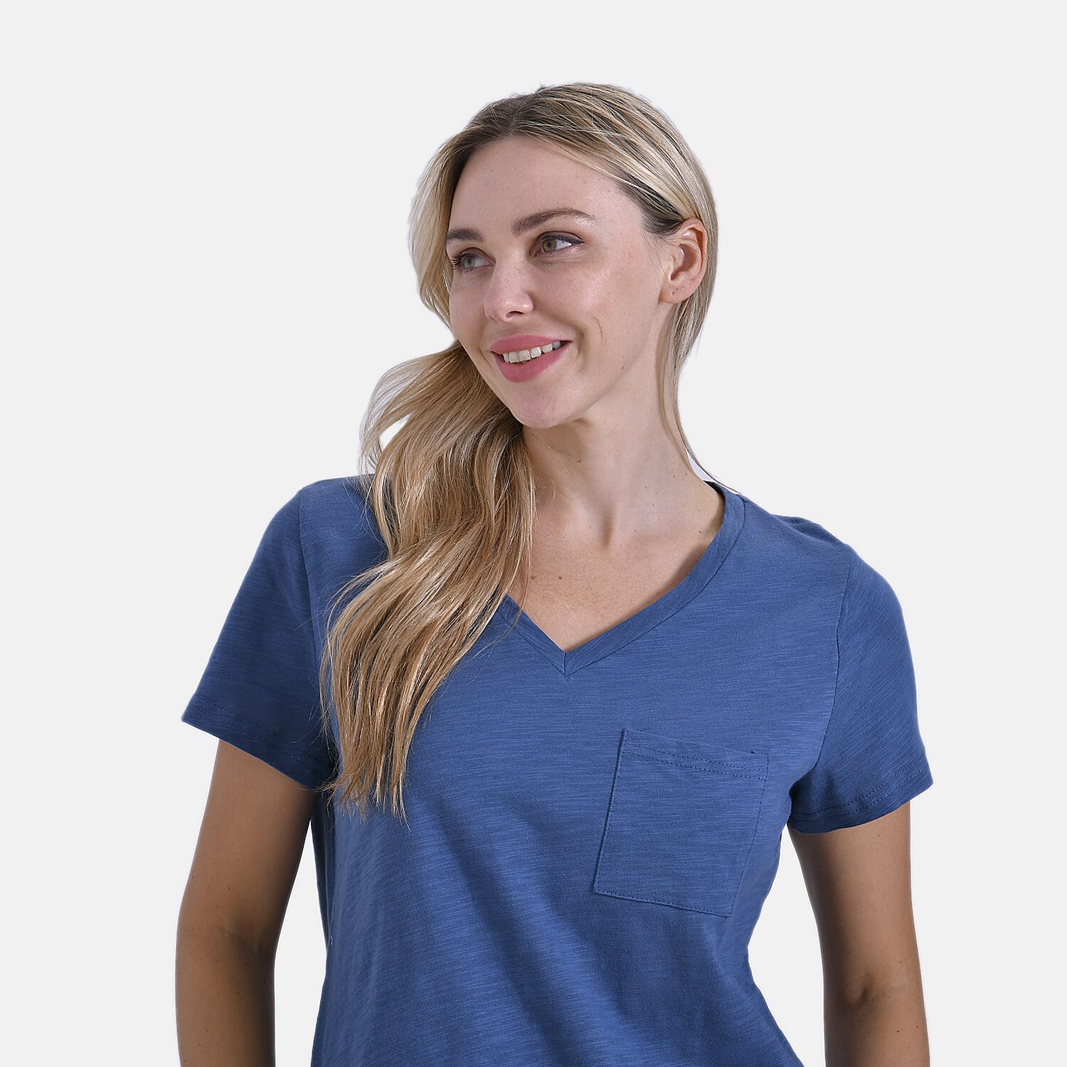 La Marey 100% Cotton Short Sleeve V-Neck Casual Top (Size S) - Navy