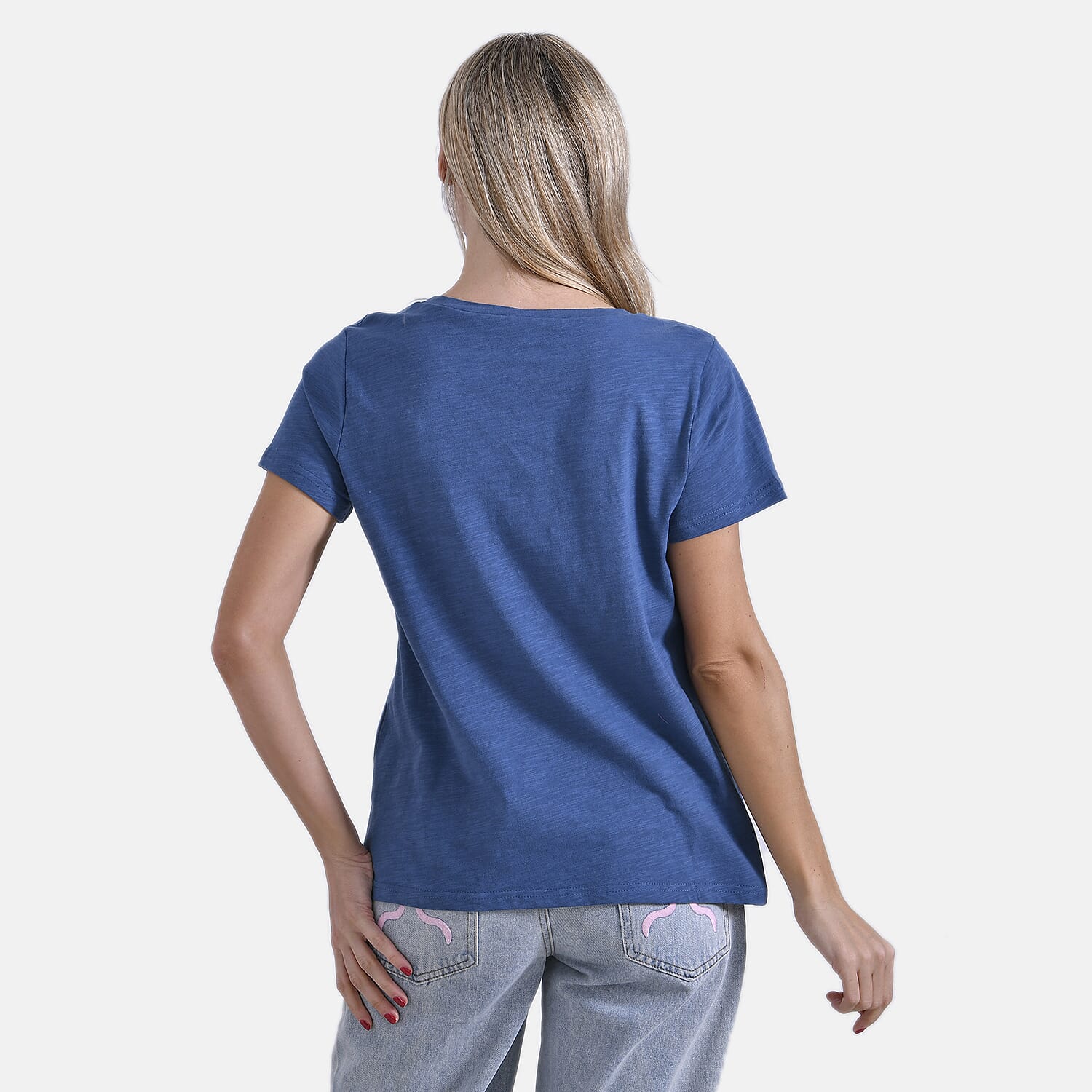 La Marey 100% Cotton Short Sleeve V-Neck Casual Top (Size XXL) - Navy