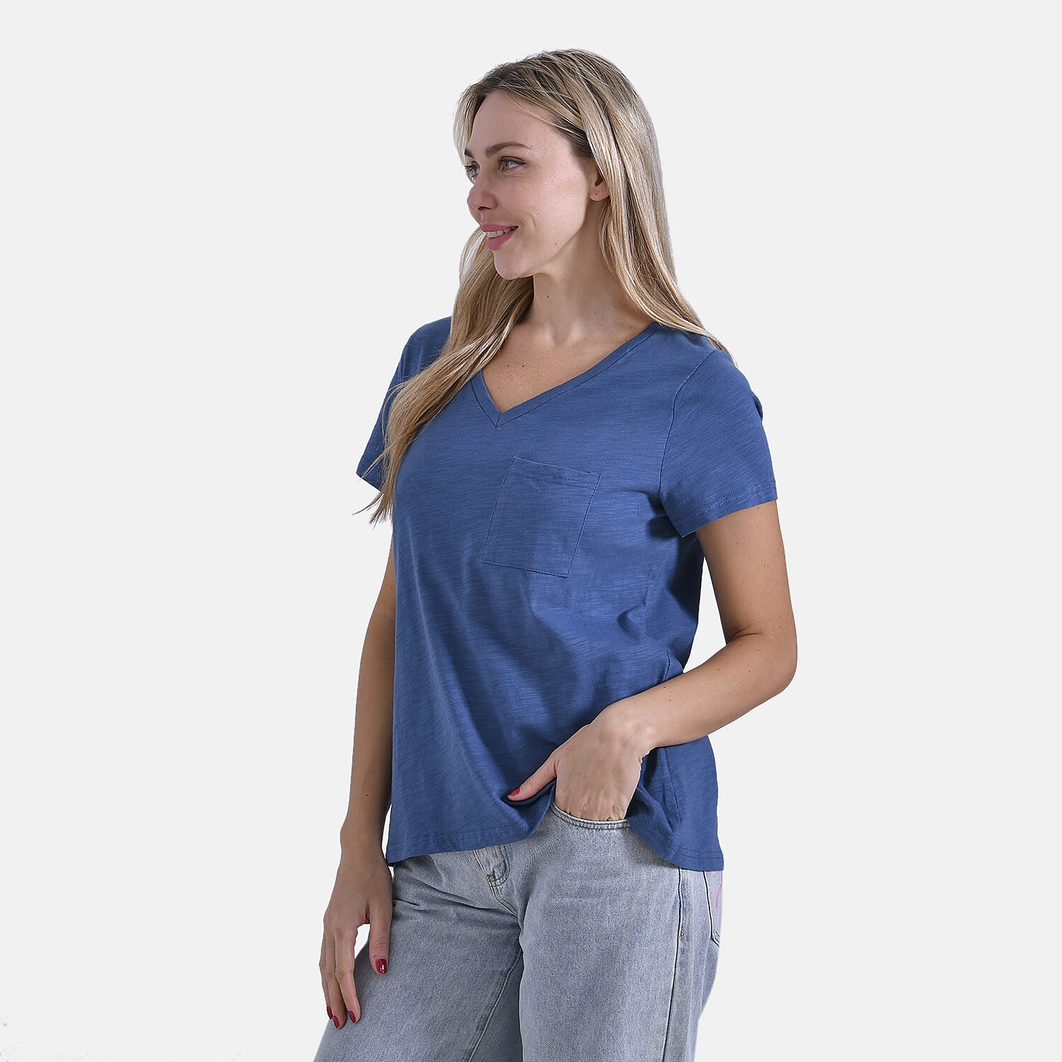 La Marey 100% Cotton Short Sleeve V-Neck Casual Top (Size XXL) - Navy
