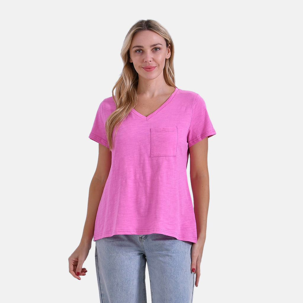 La Marey 100% Cotton Short Sleeve V-Neck Casual Top (Size XXL) - Pink